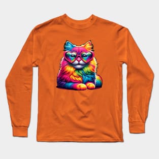 Rainbow Cute cat Wearing Glasses Heart kitten Love cat Funny Long Sleeve T-Shirt